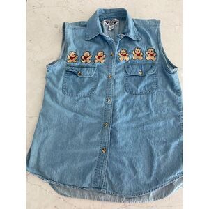 Original Cotton Express Denim Shirt Women L Blue Teddy Bear Sleeveless Button-Up